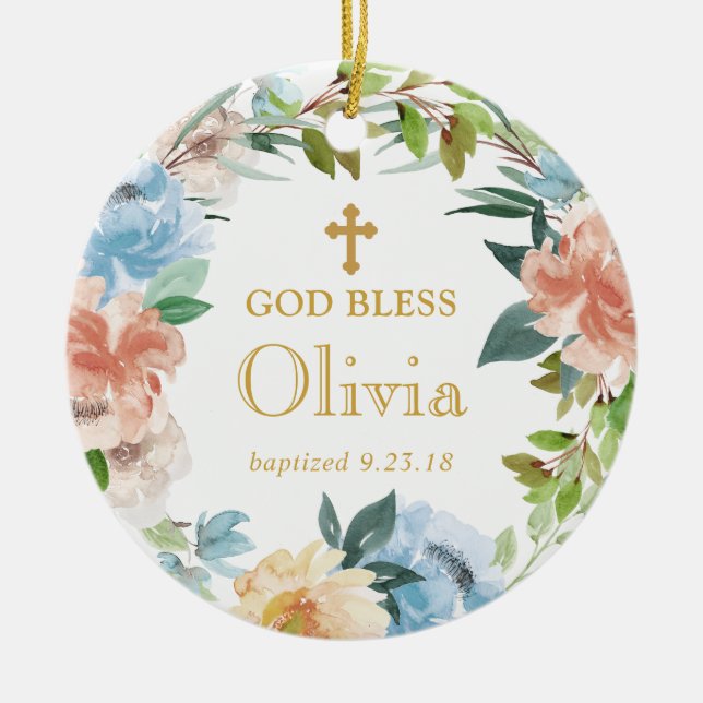 Personalized Floral Baptism Wreath God Bless Ceramic Ornament (Front)