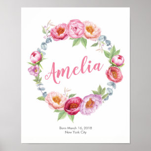 Personalized Floral birth poster print