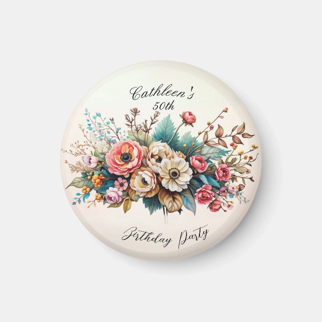 Personalized Floral Birthday Party Magnet (Front)