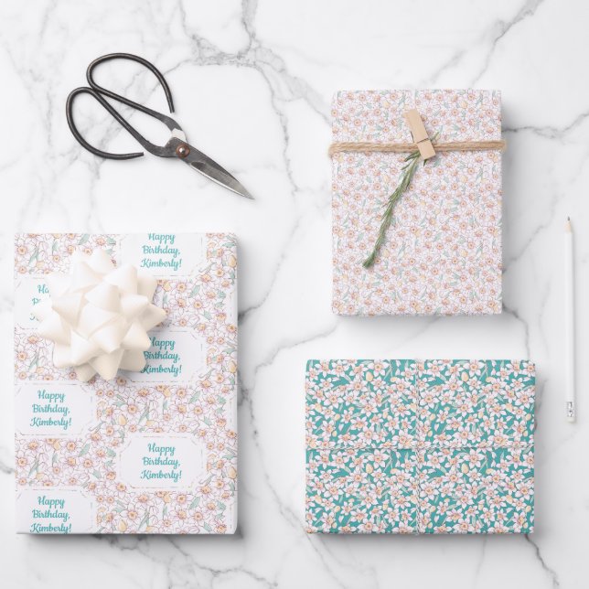 Personalized Floral Birthday Wrapping Paper Sheet (Front)