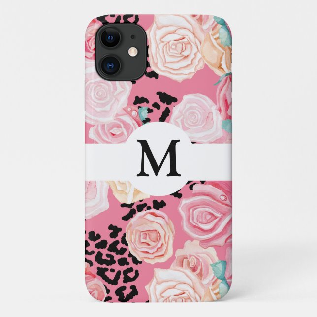 Personalized Floral Black & White Animal Print Case-Mate iPhone Case (Back)