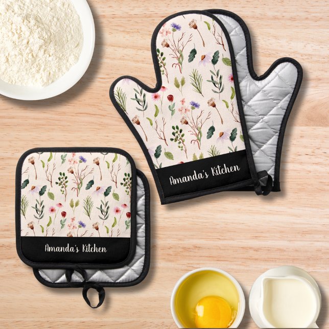 Personalized Floral Bloom Greenary Script Colourfu Oven Mitt & Pot Holder Set (Creator Uploaded)