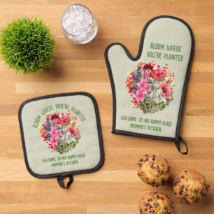 Personalized Floral BLOOM WHERE PLANTED  Oven Mitt & Pot Holder Set