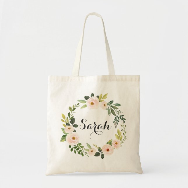 Personalized Floral Blush Greenery Tote Bag (Front)