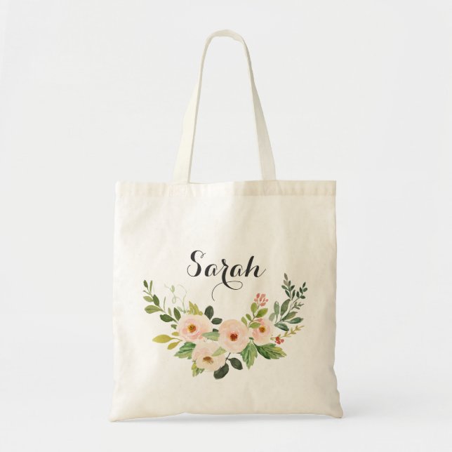 Personalized Floral Blush Greenery Tote Bag (Front)