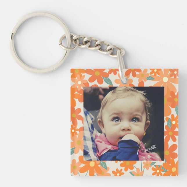 Personalized Floral Bold Orange Photo Keychain (Front)