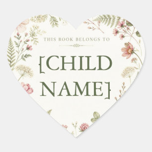 Personalized Floral Bookplate for Kids Heart Sticker