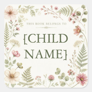 Personalized Floral Bookplate for Kids Square Sticker