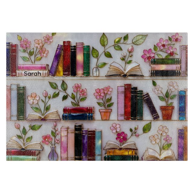 Personalized Floral Bookshelf Cutting Board (Front)