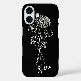 Personalized Floral Bouquet Black & White Line Art iPhone 16 Case