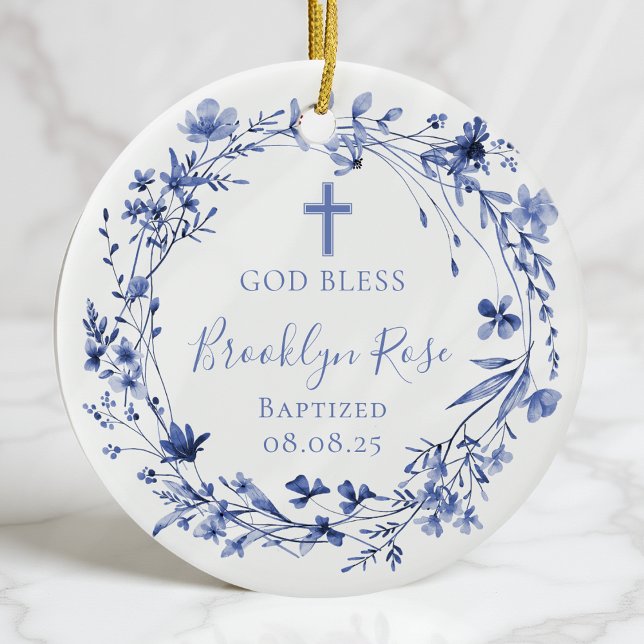 Personalized Floral Boy Girl Baptism Photo Ceramic Ornament (Creator Uploaded)