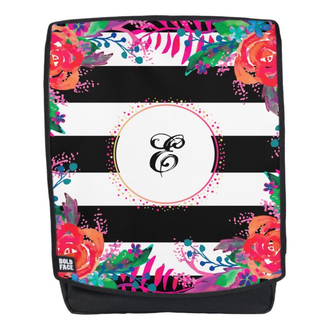 personalized floral bunches and black striped backpack (Front)