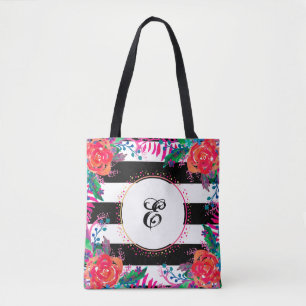 personalized floral bunches and black striped tote bag