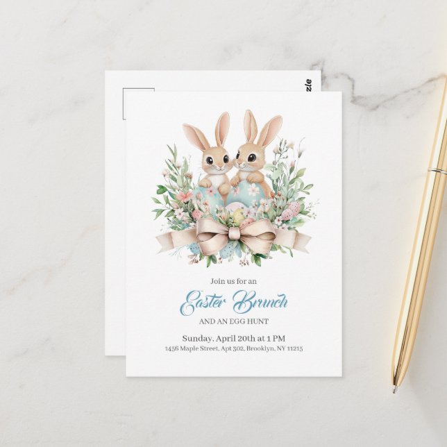 Personalized Floral Bunny Easter Brunch In Invitat Postcard (Front/Back In Situ)