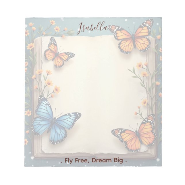 Personalized Floral Butterfly Custom Name & Quote Notepad (Front)