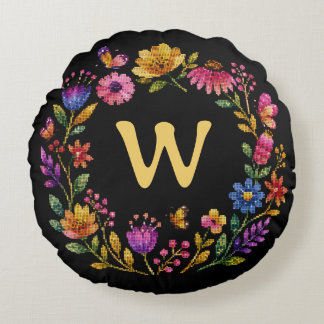 Personalized Floral Butterfly Monogram Wreath Round Pillow