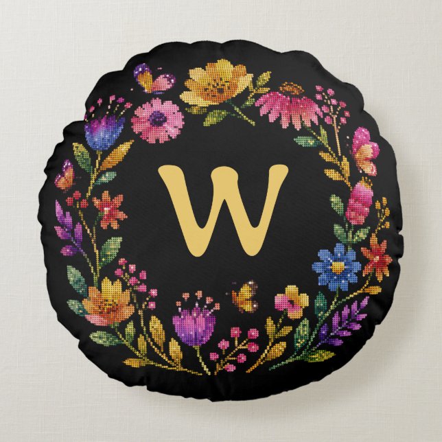 Personalized Floral Butterfly Monogram Wreath Round Pillow (Front)