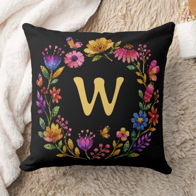 Personalized Floral Butterfly Monogram Wreath Throw Pillow (Blanket)