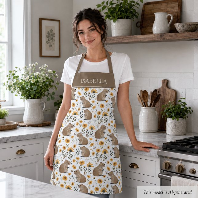 Personalized Floral Capybara Apron (sweet cozy floral capybara sunflower apron personalized with custom name, cute gift for her )