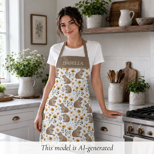 Personalized Floral Capybara Apron (sweet cozy floral capybara sunflower apron personalized with custom name, cute gift for her )