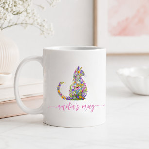 Personalized Floral Cat Kitty Coffee Mug