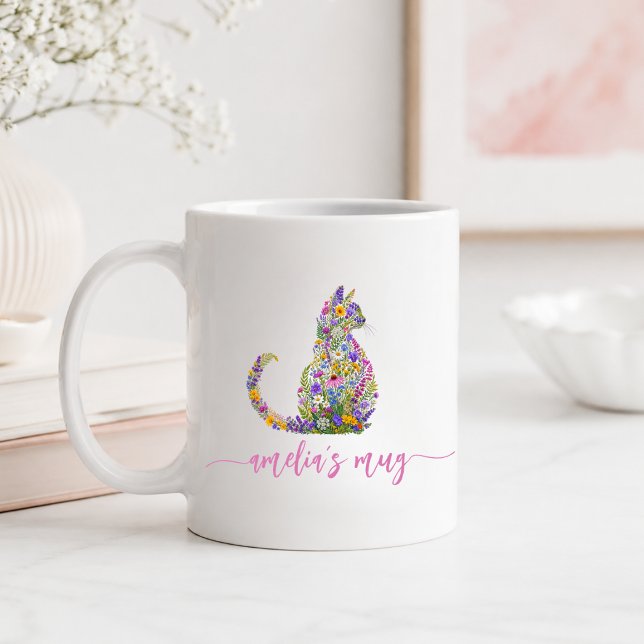  Personalized Floral Cat Kitty Coffee Mug (Personalized Floral Cat Kitty Coffee Mug)
