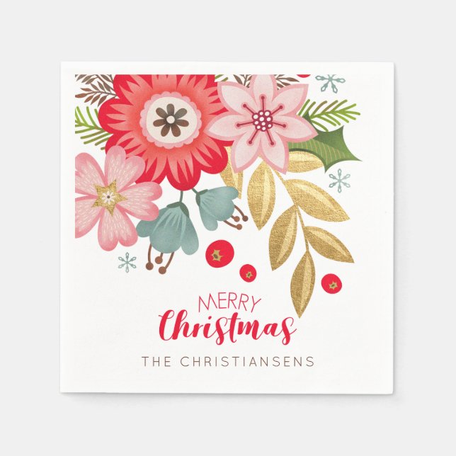 Personalized Floral Christmas Party Napkin (Front)