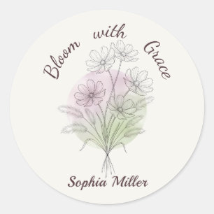Personalized Floral Cosmos Botanical Custom Name Classic Round Sticker
