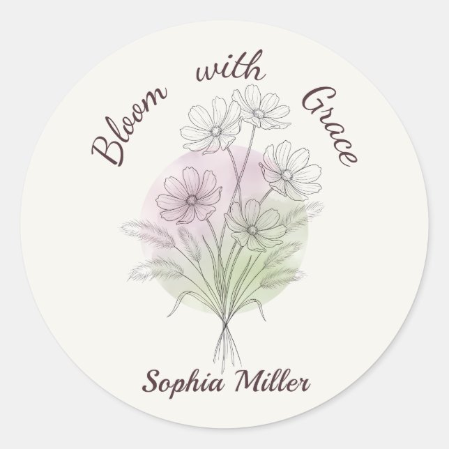 Personalized Floral Cosmos Botanical Custom Name Classic Round Sticker (Front)