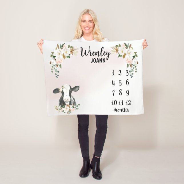 Personalized Floral Cow Monthly Milestone Blanket (In Situ)