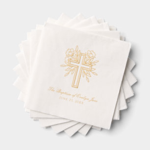 Personalized Floral Cross Gold Foil Baptism Napkin