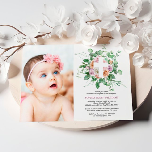 Personalized Floral Cross Photo Baptism Invitation (Creator Uploaded)