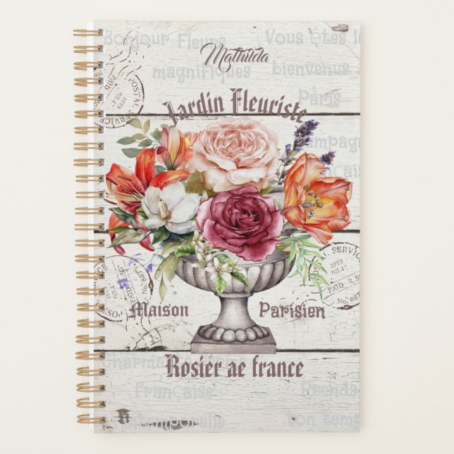 Personalized floral Decorative rustic wood French Planner (Front)