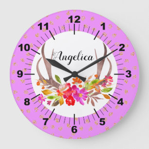 Personalized Floral Deer Antlers Large Clock