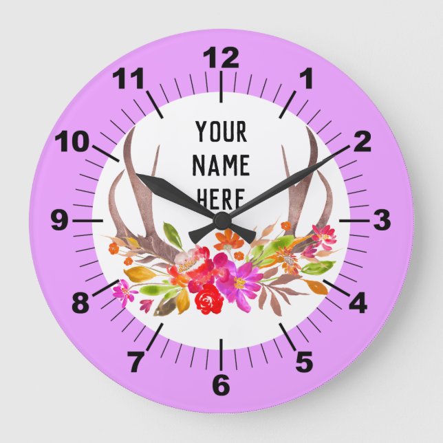 Personalized Floral Deer Antlers Large Clock (Front)