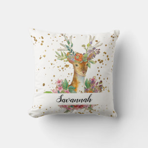Personalized Floral Deer Throw Pillow