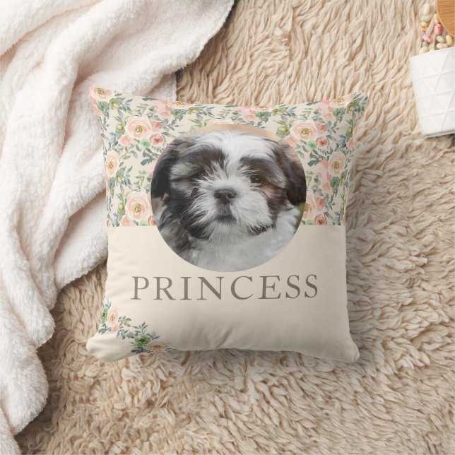 Personalized Floral Dog Photo  Throw Pillow (Blanket)