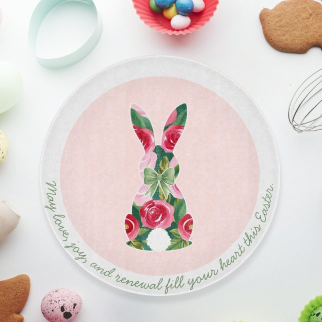 Personalized Floral Easter Bunny Glass  Cutting Board (Personalized Floral Easter Bunny Glass Cutting Board)