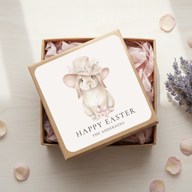 Personalized Floral Easter Bunny | Vintage Square Sticker (Creator Uploaded)