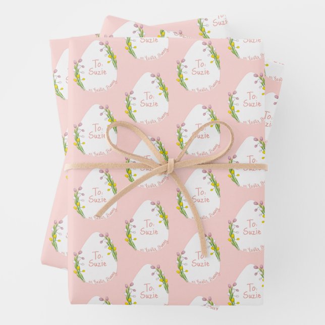 Personalized Floral Easter Eggs Pink Wrapping Paper Sheet (In situ)