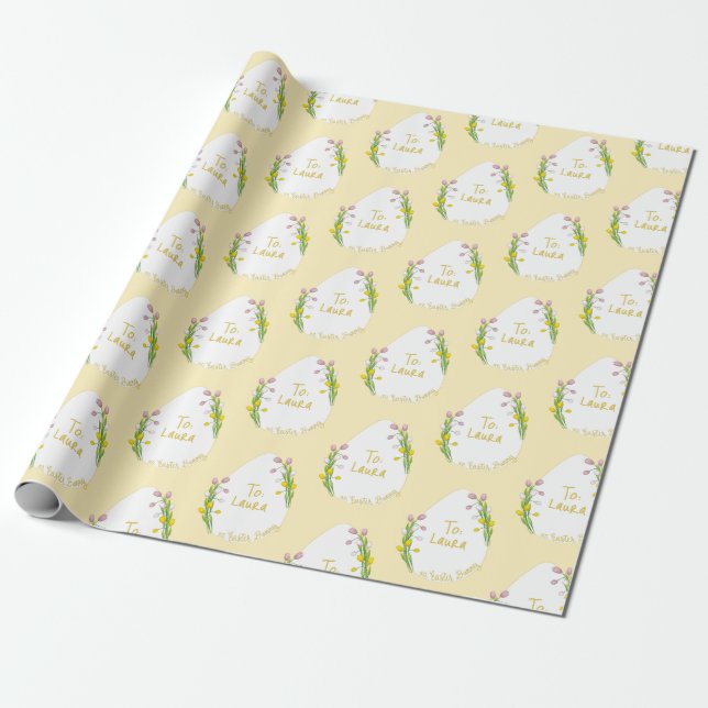 Personalized Floral Easter Eggs Yellow Wrapping Paper (Unrolled)