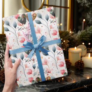 Personalized Floral Elegance with Photos and Names Wrapping Paper