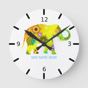 Personalized Floral Elephant Round Clock