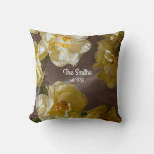 Personalized Floral Family Name with Yellow tulips Throw Pillow
