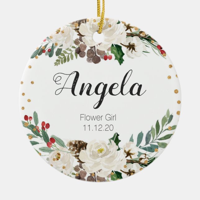 Personalized Floral Flower Girl Christmas Ornament (Front)
