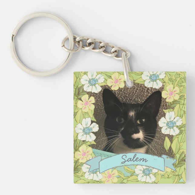 Personalized Floral Frame Photo Keychain (Front)