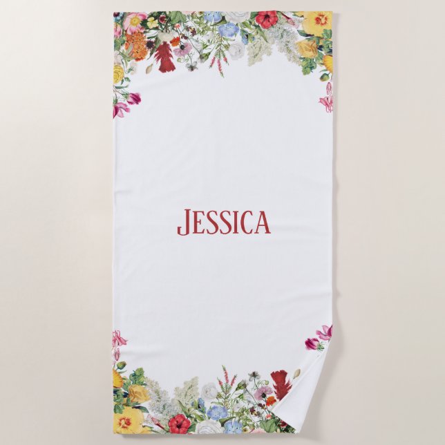 Personalized Floral Garden Colourful Flowers Beach Towel (Front)