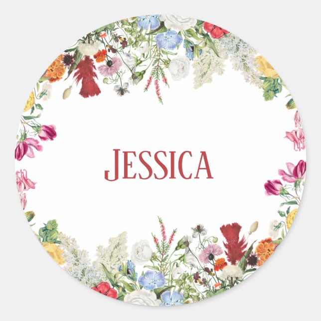 Personalized Floral Garden Colourful Flowers Classic Round Sticker (Front)