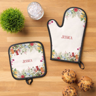Personalized Floral Garden Colourful Flowers Oven Mitt & Pot Holder Set