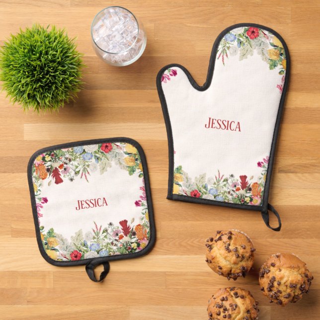 Personalized Floral Garden Colourful Flowers Oven Mitt & Pot Holder Set (Top Down)